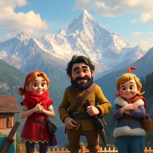 Still aus einem Animationsfilm, der Schweizer Sagen erz√§hlt, zeigt animierte Figuren vor einer beeindruckenden Berglandschaft.