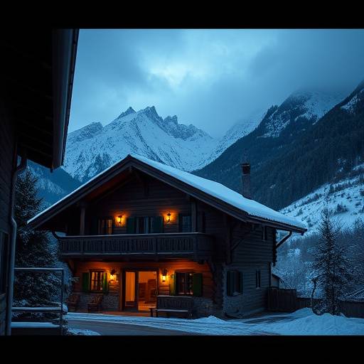 Still aus einem Kurzfilm √ºber das Leben in den Schweizer Alpen, zeigt eine traditionelle Holzh√ºtte vor schneebedeckten Bergen.